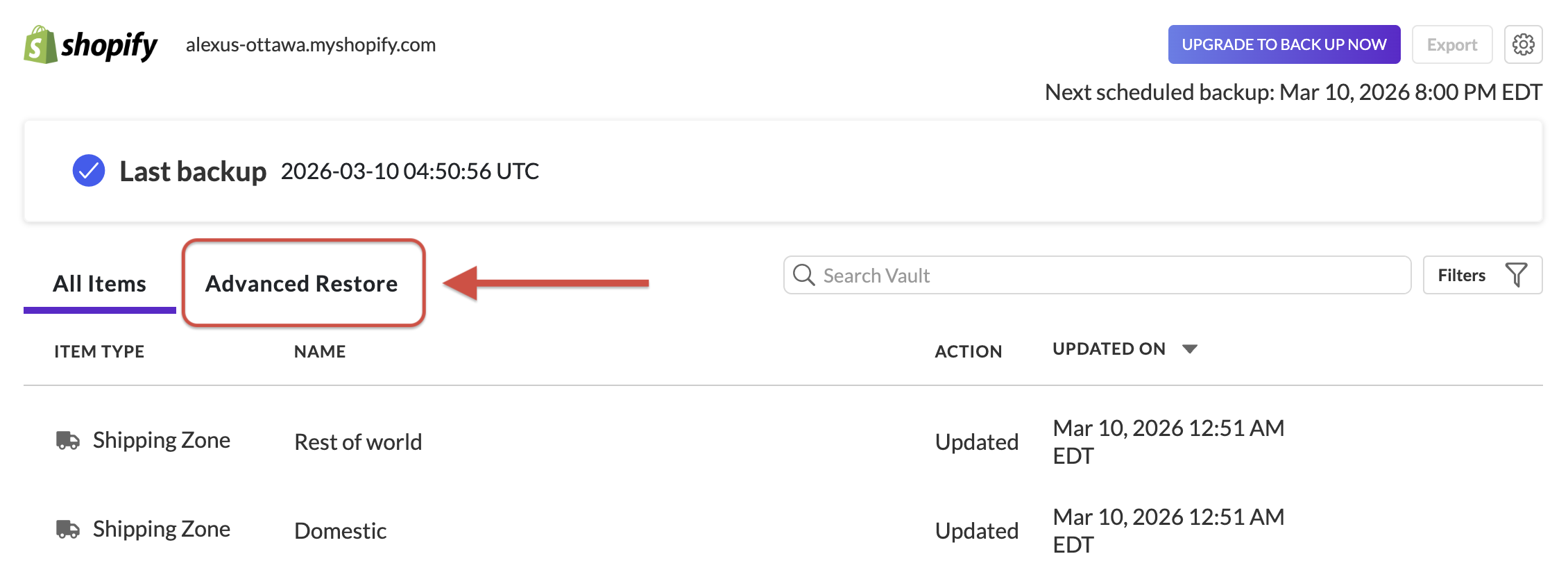 All Items page showing where to click the Advanced Restore tab.