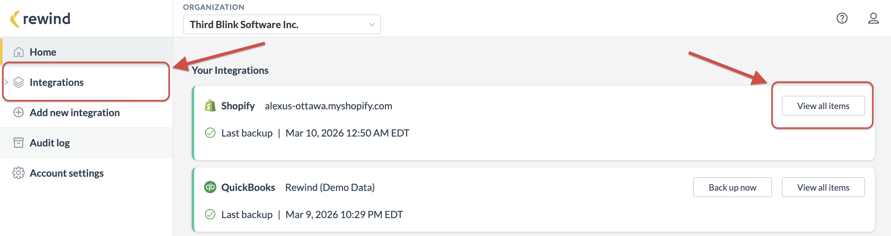Rewind Home page showing the Integrations menu and the View all items button for the Shopify backup.