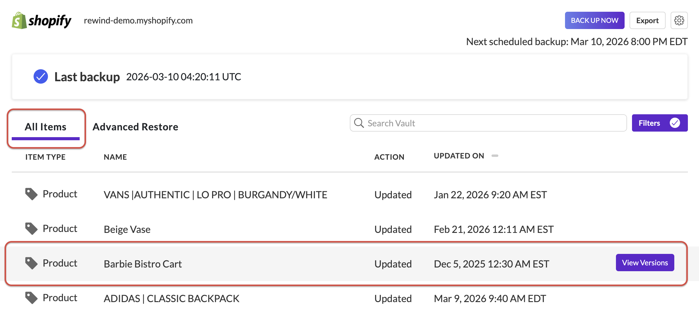 All Items tab showing how to select an item and click View Versions to see available backup versions.