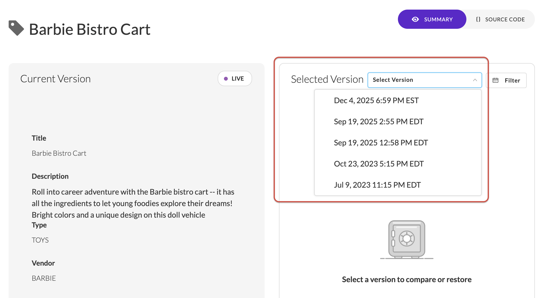Item restore page showing the Select Version dropdown used to choose a previous backup version.
