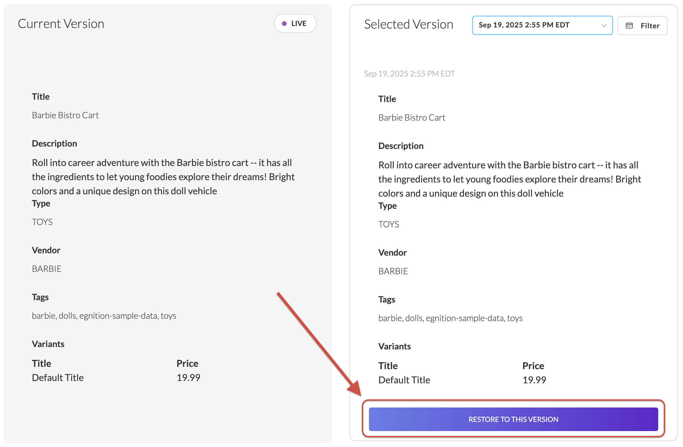 Restore view showing the Restore to this version button used to start restoring the selected backup version.