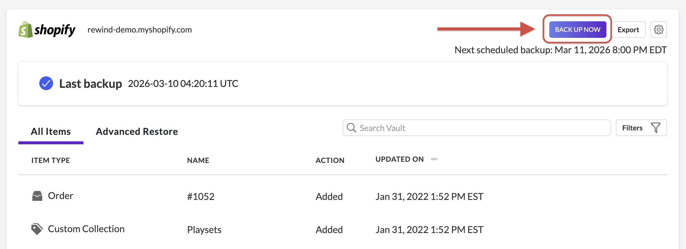 Shopify backup page showing the Back Up Now button used to start a manual backup.