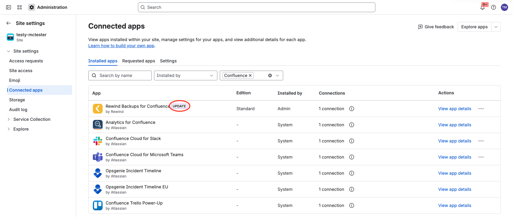 The Connected apps list in Atlassian Admin with the Update badge highlighted next to Rewind Backups for Confluence.