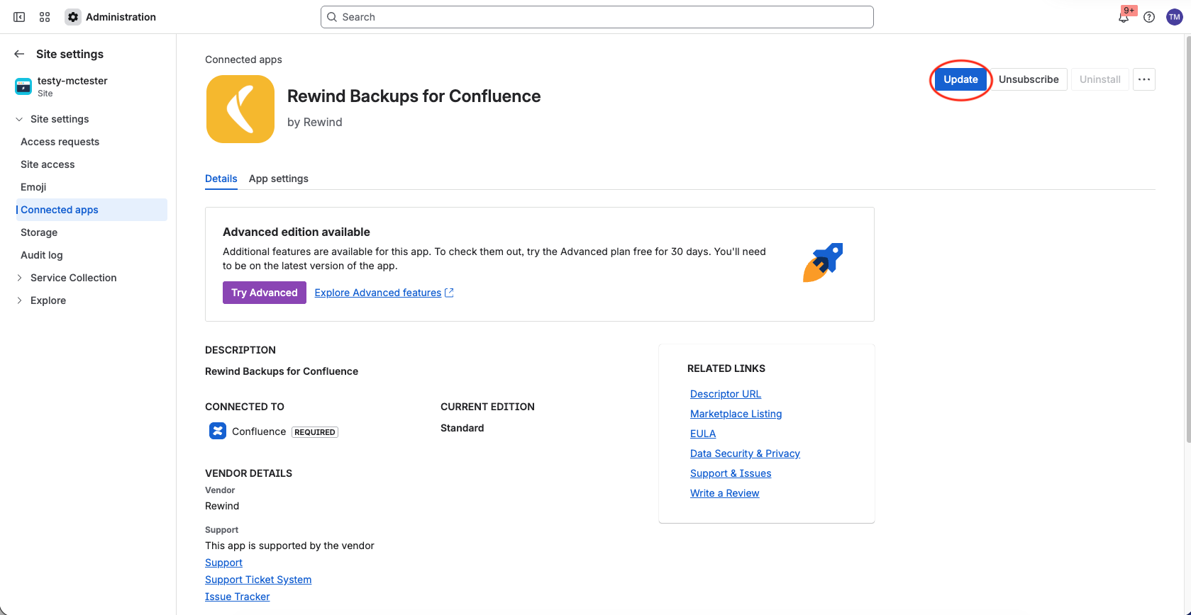 The Rewind Backups for Confluence app details page with the Update button highlighted.