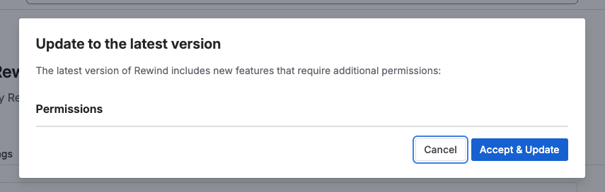 The Update to the latest version dialog showing the Permissions section and the Accept & Update button.