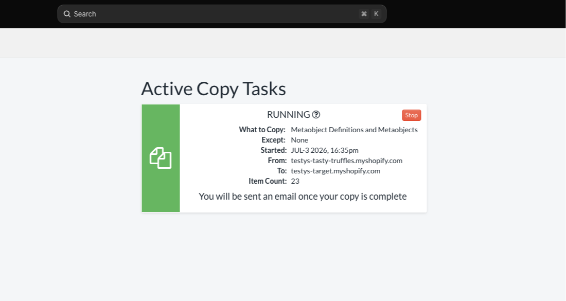 The Active Copy Tasks page in Rewind Staging showing a running metaobject copy with the source and destination stores, the item count, and a message that an email will be sent when the copy is complete