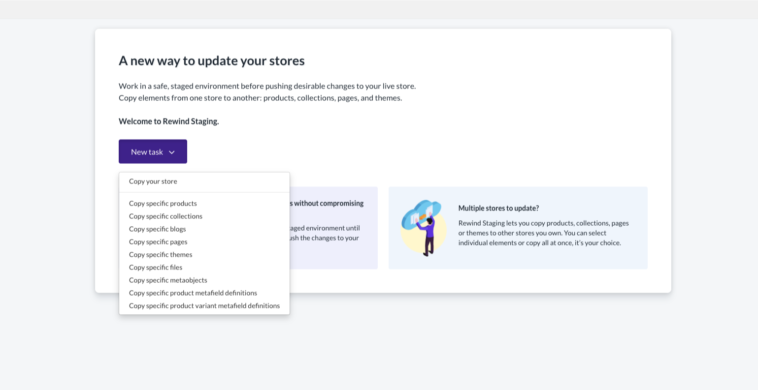 The Rewind Staging home page with the New task menu open, listing options including Copy specific metaobjects, Copy specific product metafield definitions, and Copy specific product variant metafield definitions