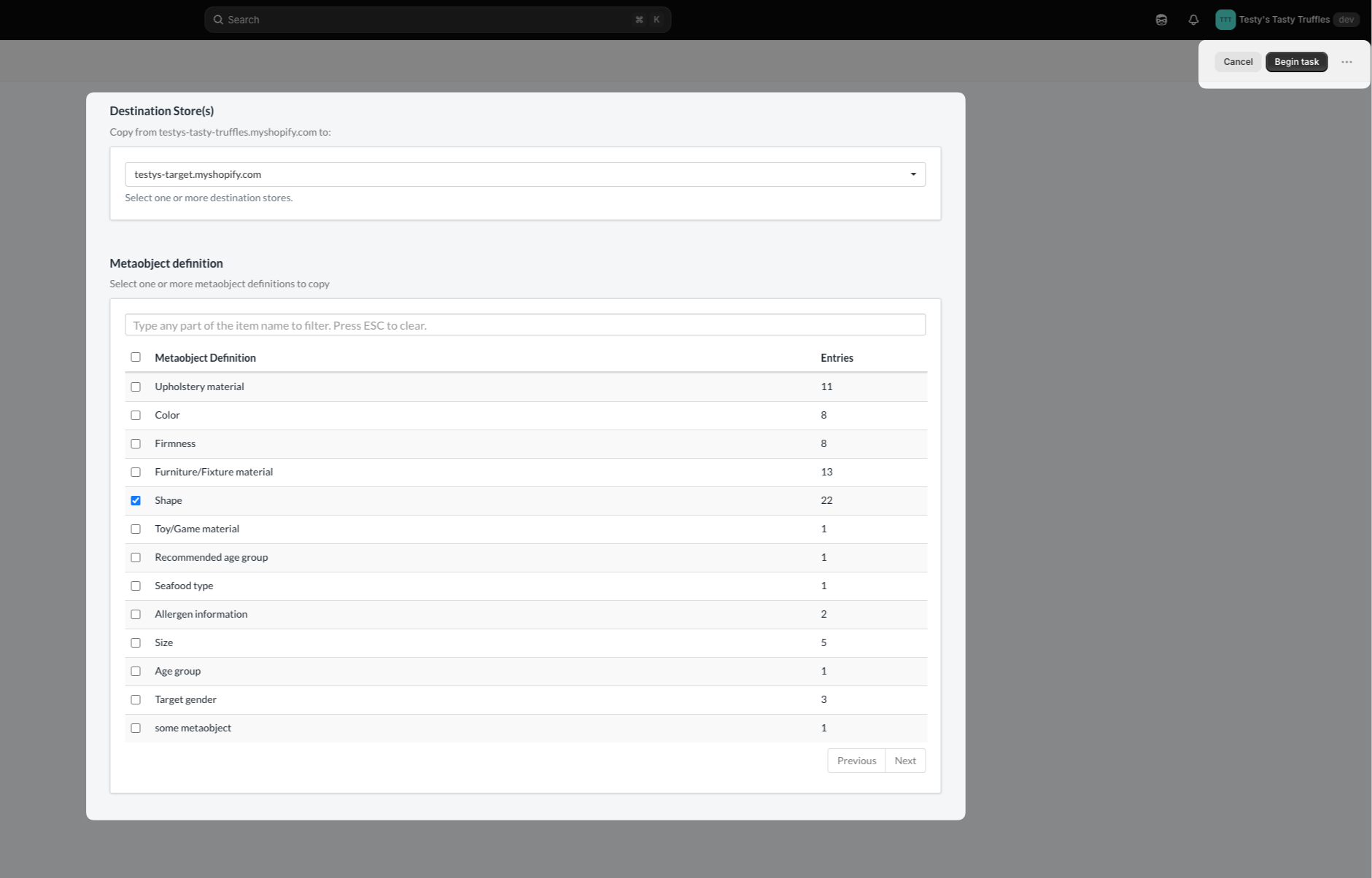 The Configure copy metaobject definitions task screen in Rewind Staging with a destination store chosen and a list of metaobject definitions showing entry counts, with one definition selected