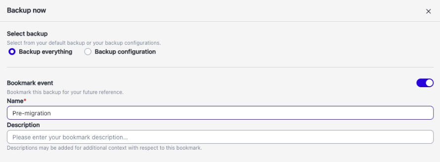 The Backup now side sheet with Backup everything selected, the Bookmark event toggle turned on, and a name entered in the Name field