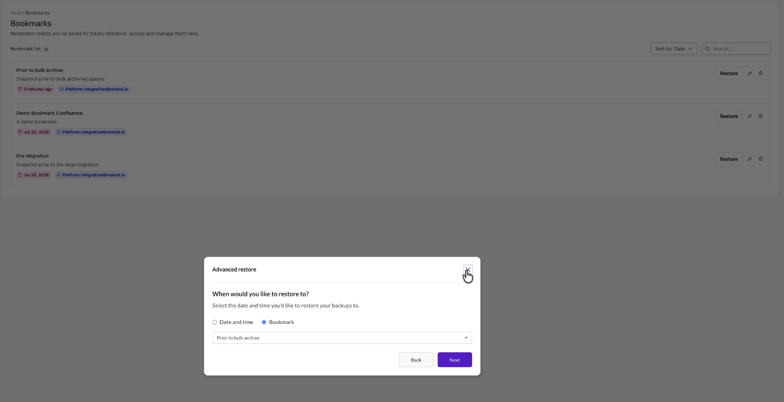 The Advanced restore dialog opened from the Bookmarks page, with Bookmark selected instead of Date and time and a bookmark chosen from the list