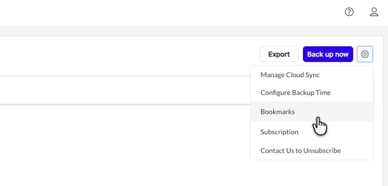 The settings menu open in the upper right of the Rewind app, with Bookmarks listed alongside Manage Cloud Sync, Configure Backup Time, Subscription, and Contact Us to Unsubscribe