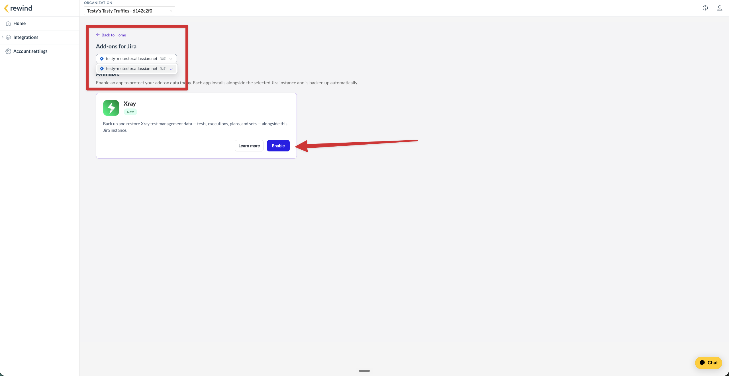 The Add-ons for Jira page with the Jira instance dropdown open and the Enable button available on the Xray card
