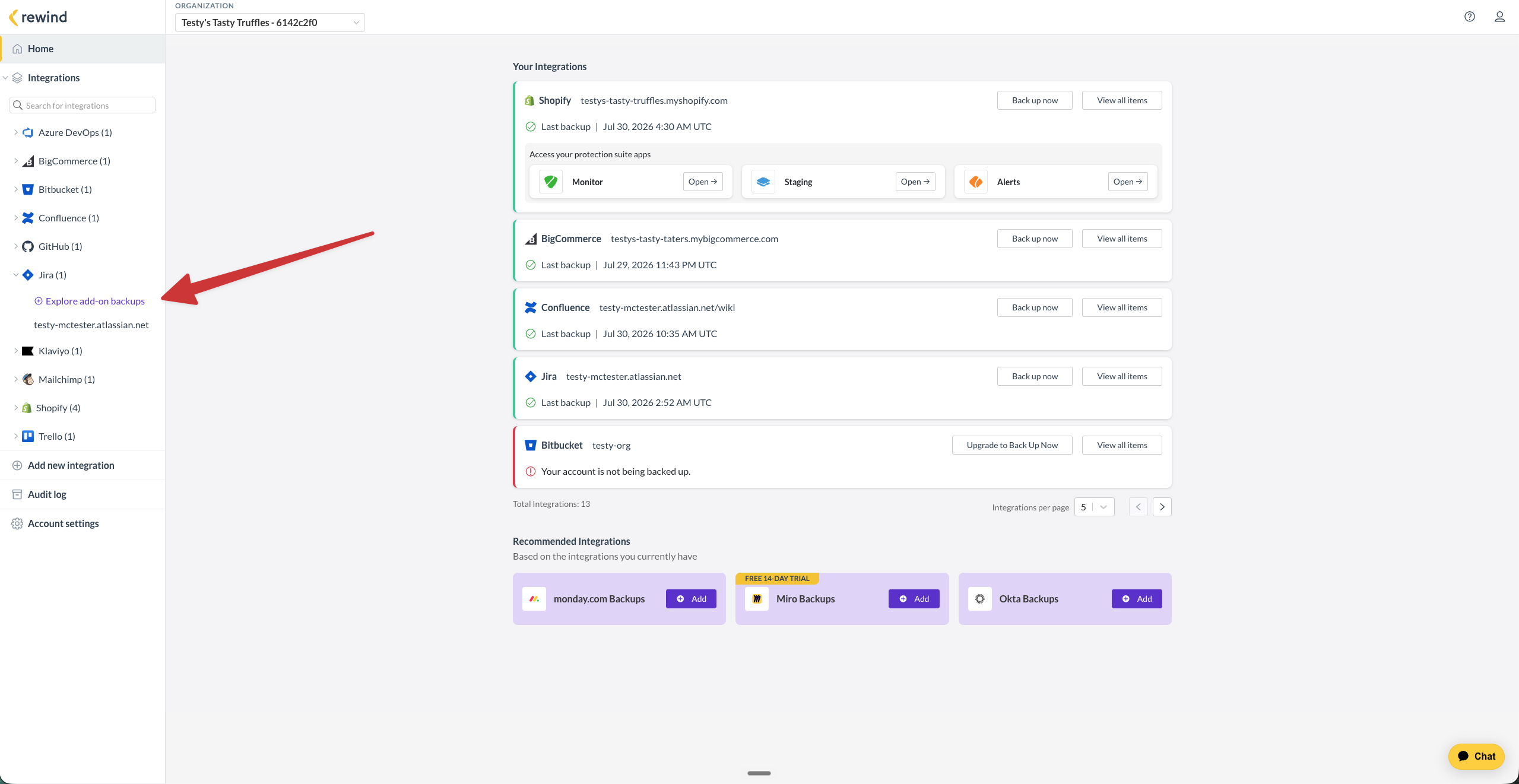The Rewind Integrations page with the Jira integration expanded in the left sidebar and the Explore add-on backups link beneath it