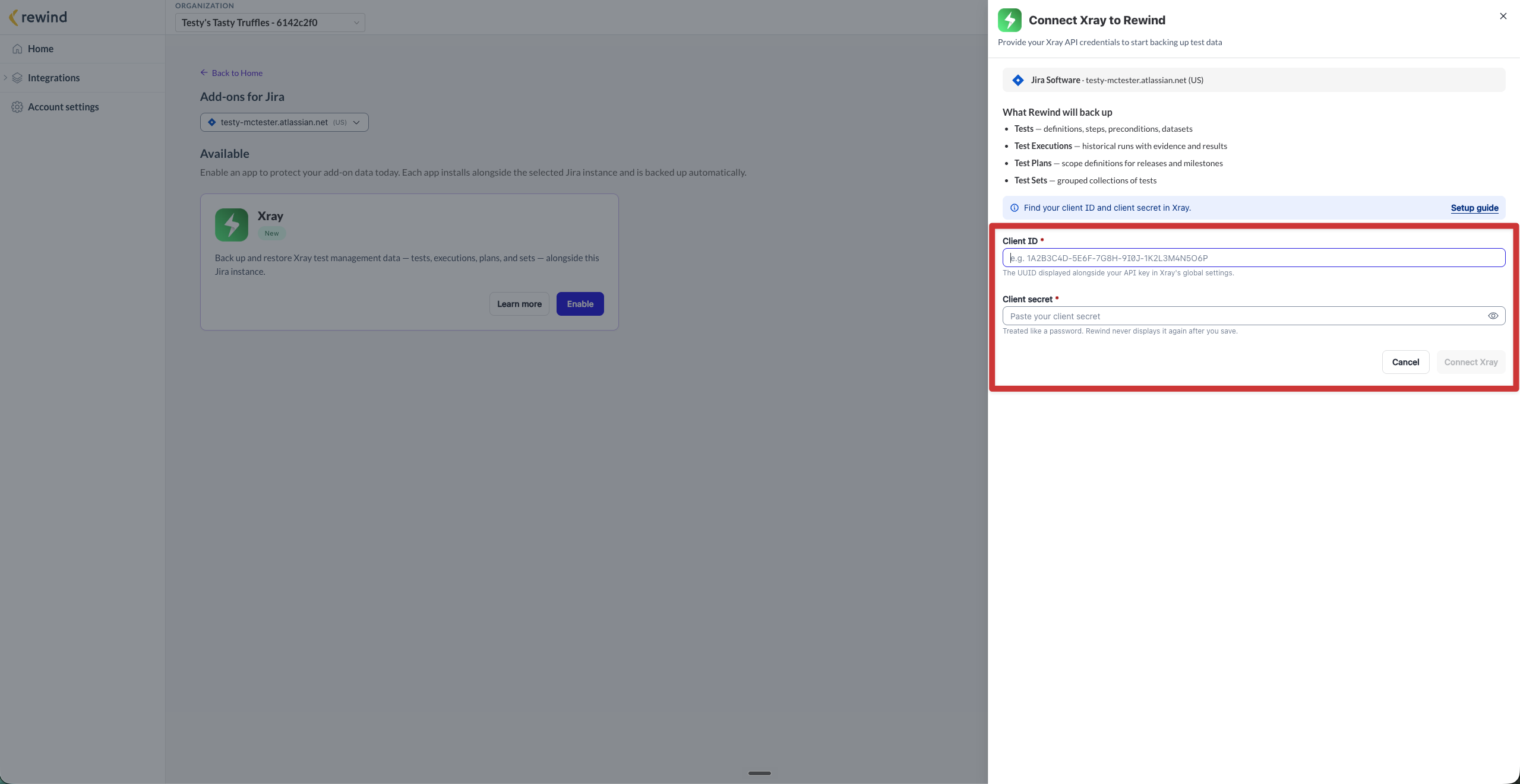 The Connect Xray to Rewind panel with the Client ID and Client secret fields