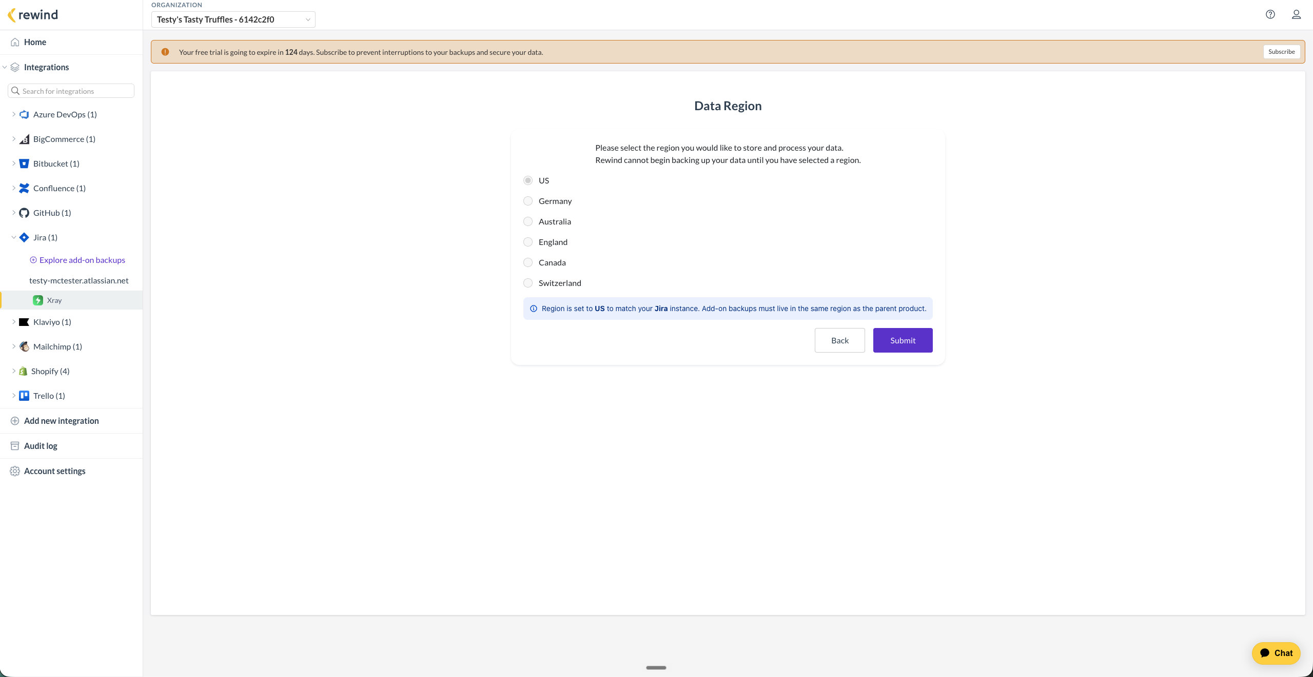 The Data Region step with US selected and a note that the region matches the Jira instance