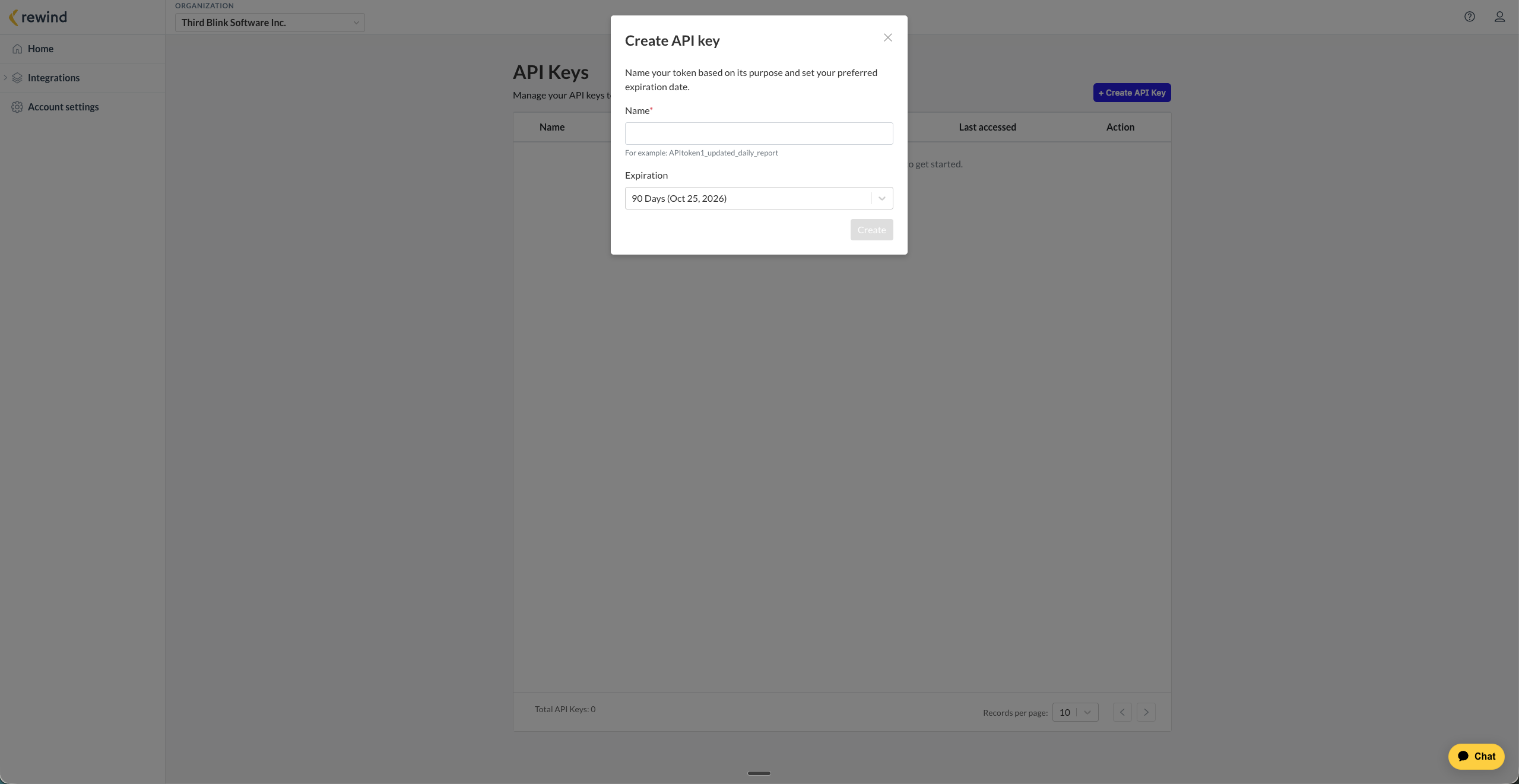 The Create API key dialog with a Name field and an Expiration dropdown set to 90 days