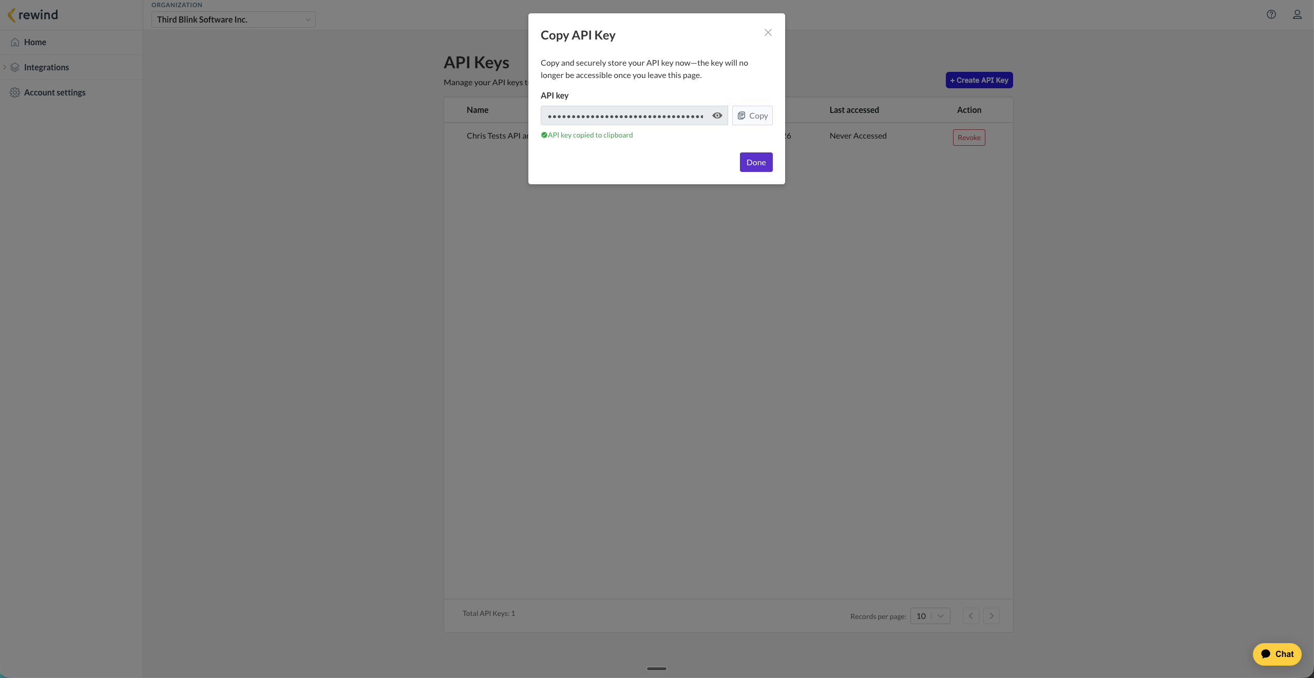 The Copy API Key dialog with the key hidden, a Copy button, and confirmation that the key was copied to the clipboard