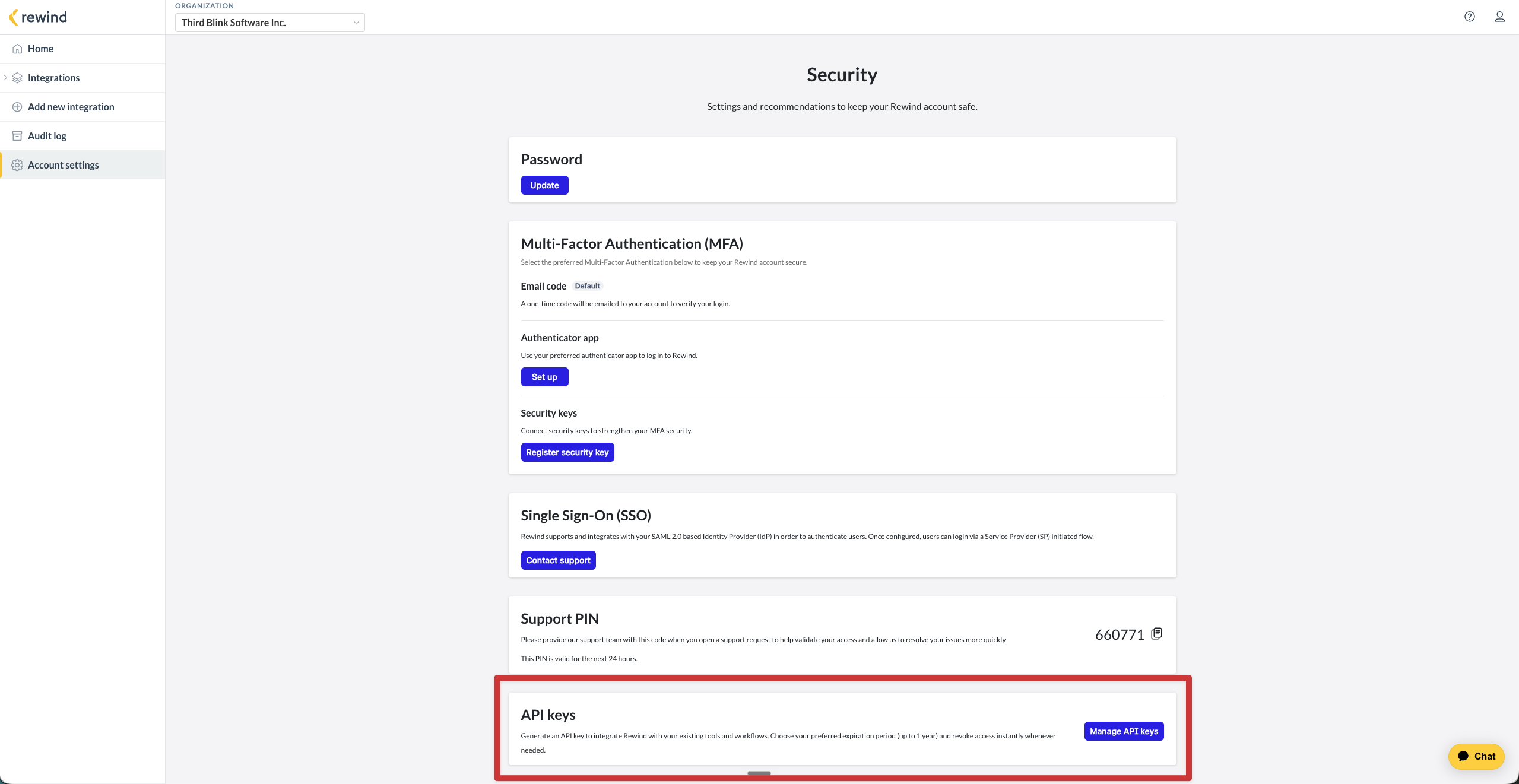 The Security page in Rewind account settings with the API keys section and the Manage API keys button