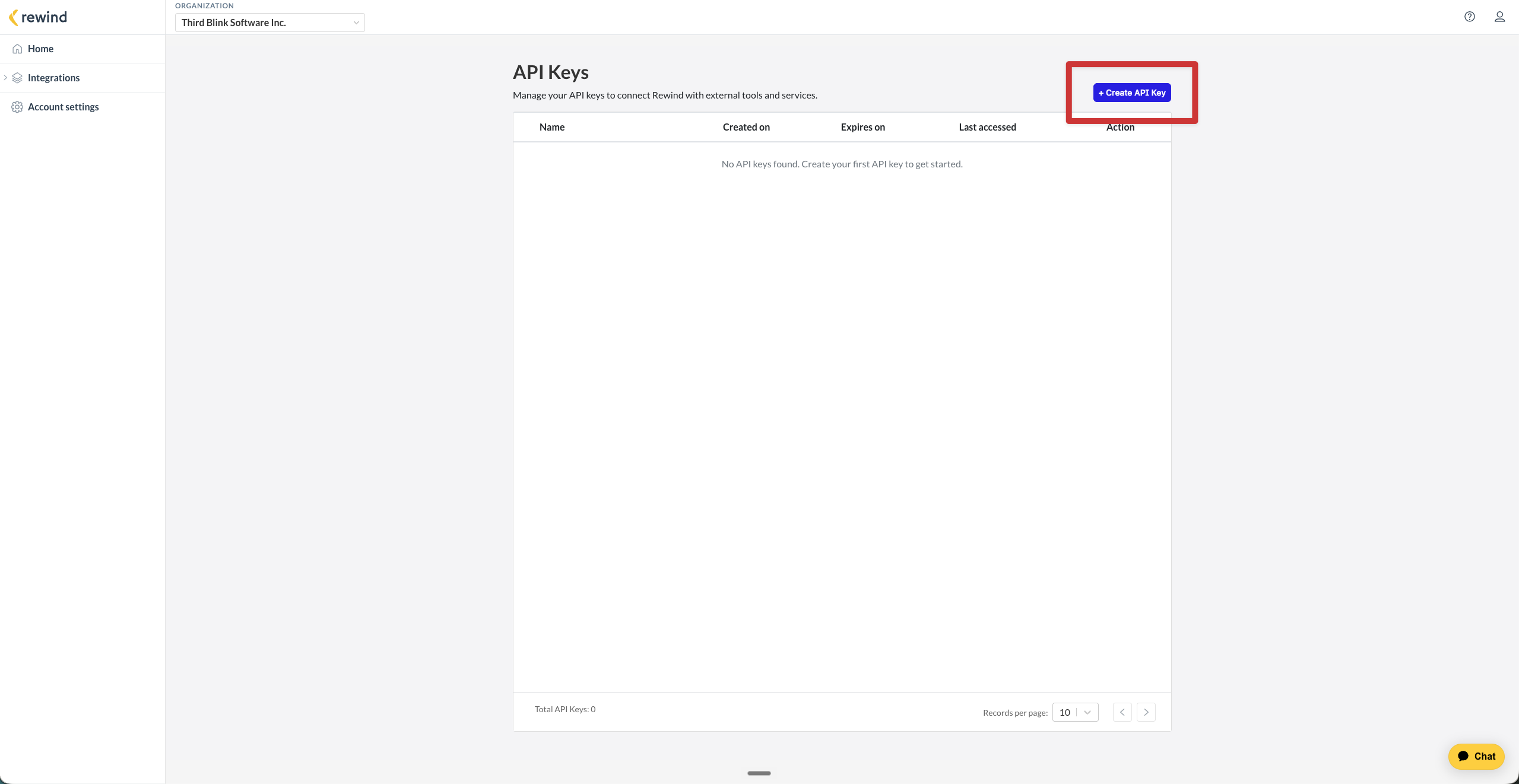 The API Keys page with no keys created yet and the Create API Key button above the list