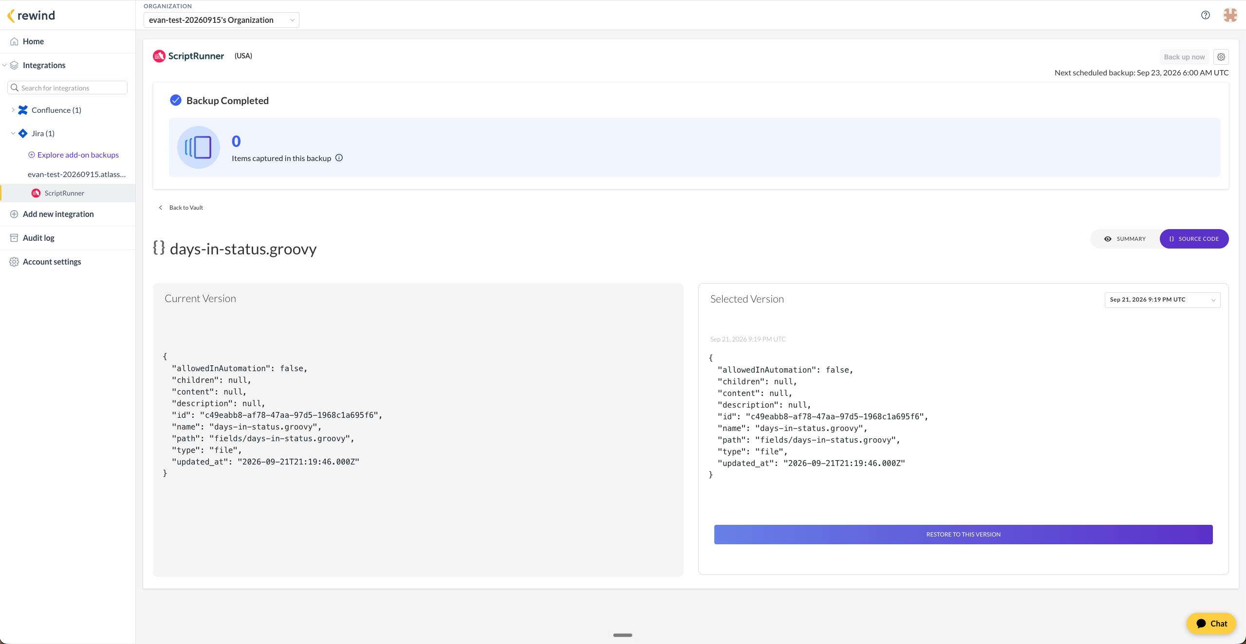 The version comparison view showing the differences between two versions of a script
