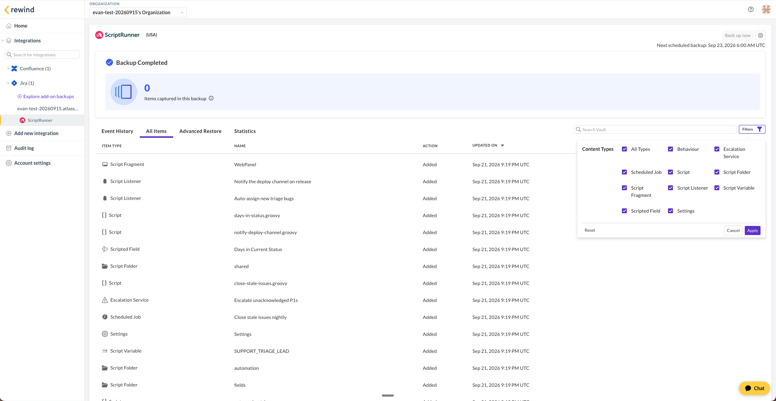 The ScriptRunner backup with the Filters panel open, listing the ten content types