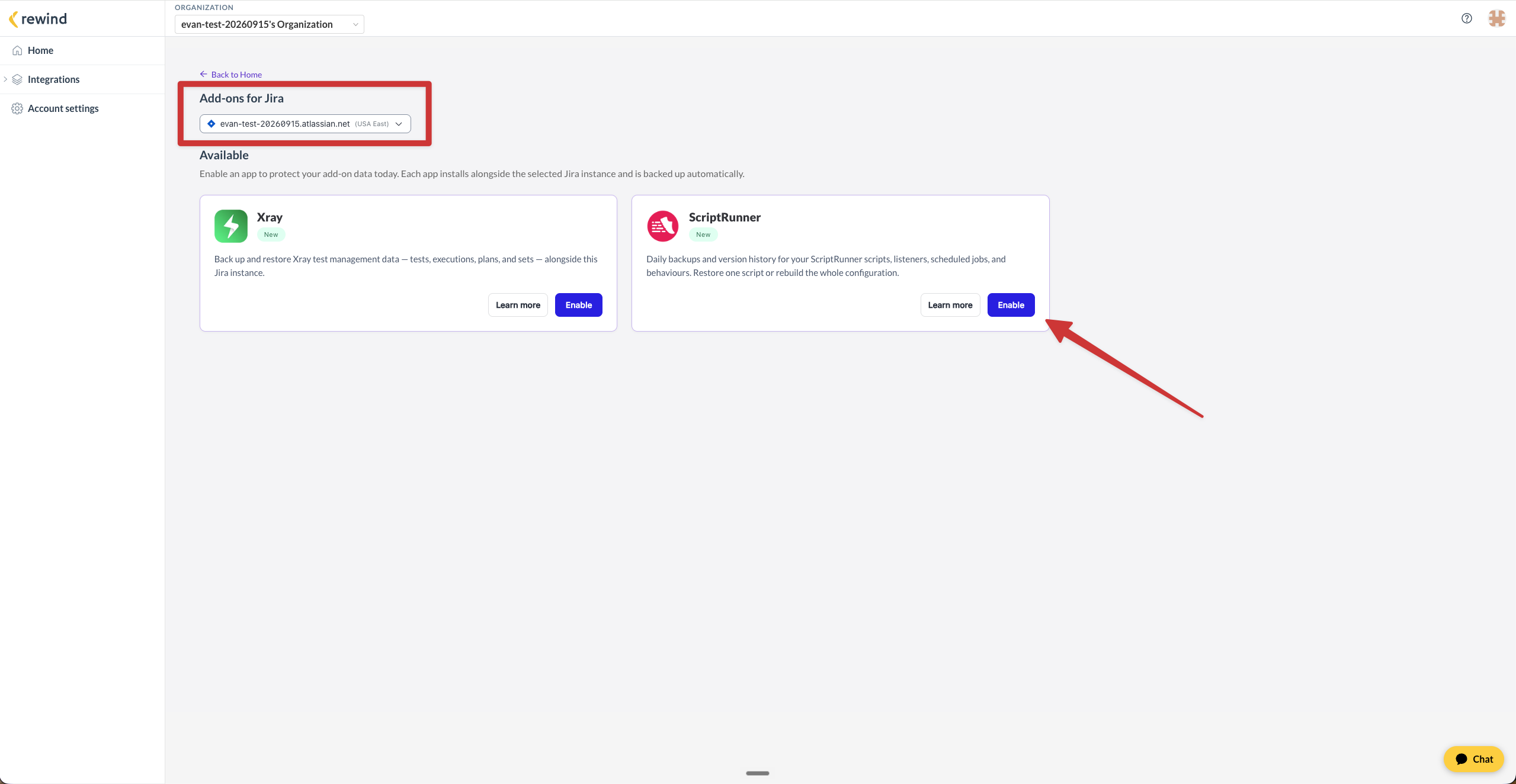 The Add-ons for Jira page with a Jira instance selected and the Enable button available on the ScriptRunner card