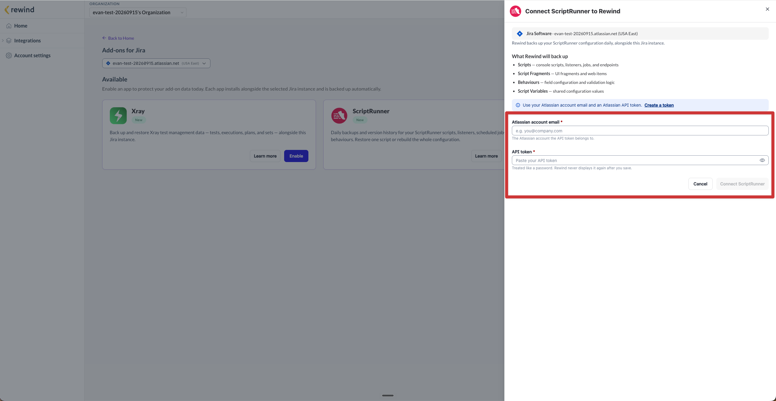 The Connect ScriptRunner to Rewind panel with the Atlassian account email and API token fields
