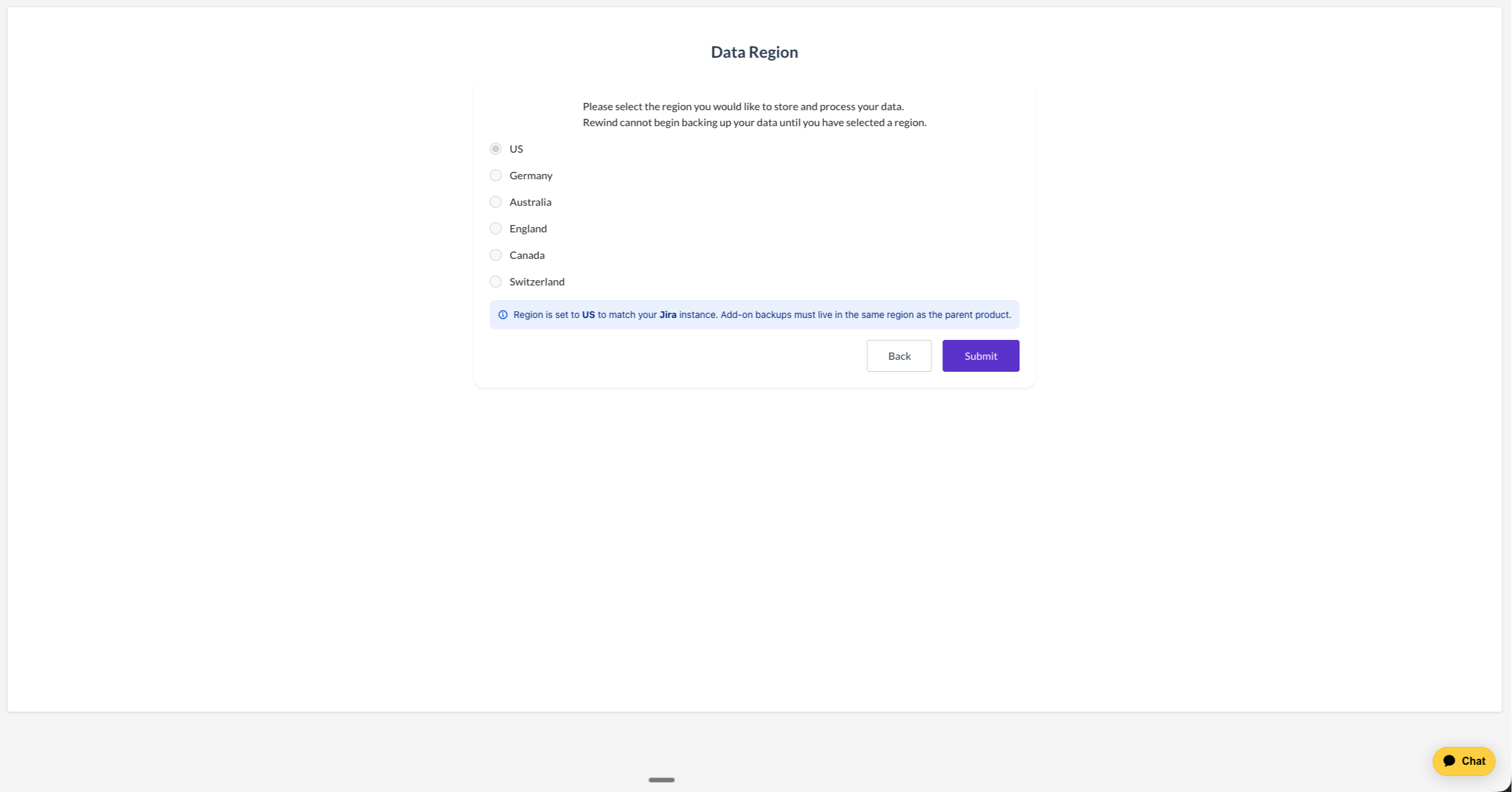 The Data Region step with US selected and a note that the region matches the Jira instance