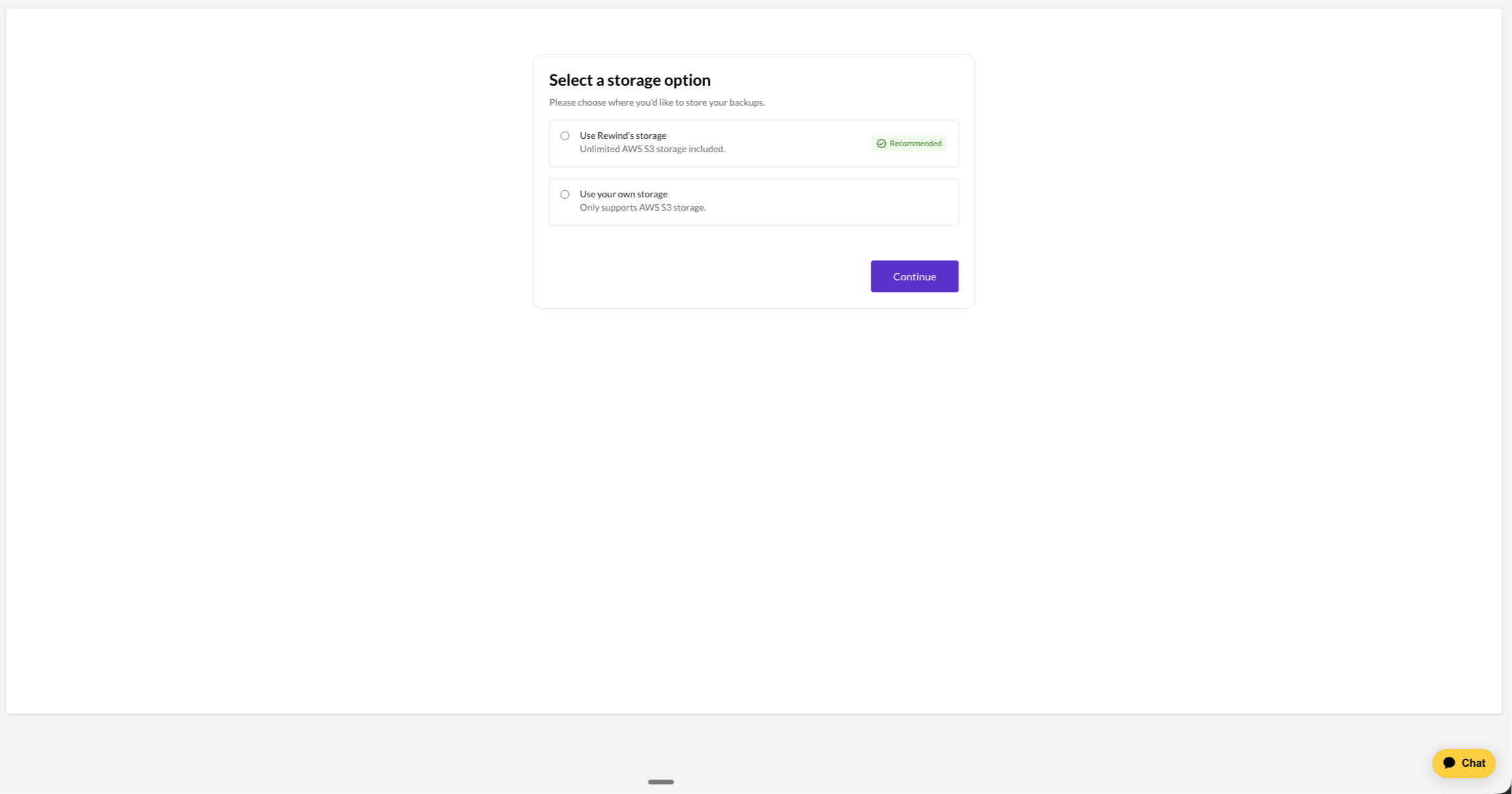 The Select a storage option step with Use Rewind's storage and Use your own storage available to choose