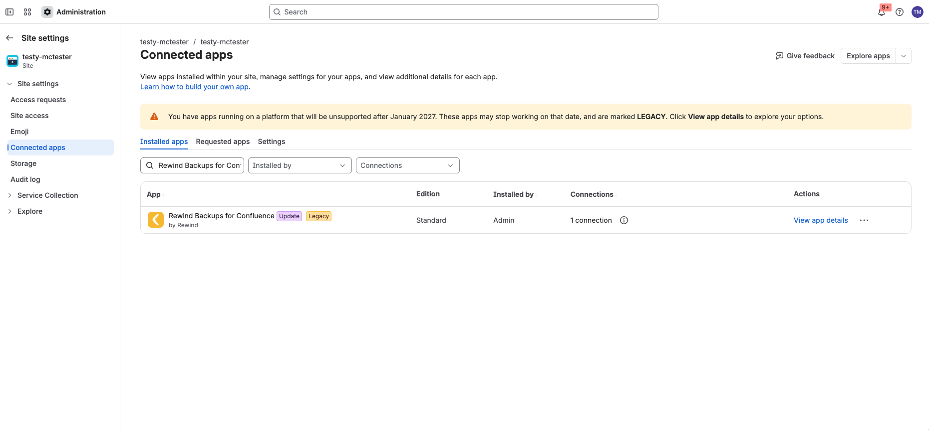 The Connected apps list in Atlassian Admin showing Rewind Backups for Confluence labeled Legacy with an Update option.