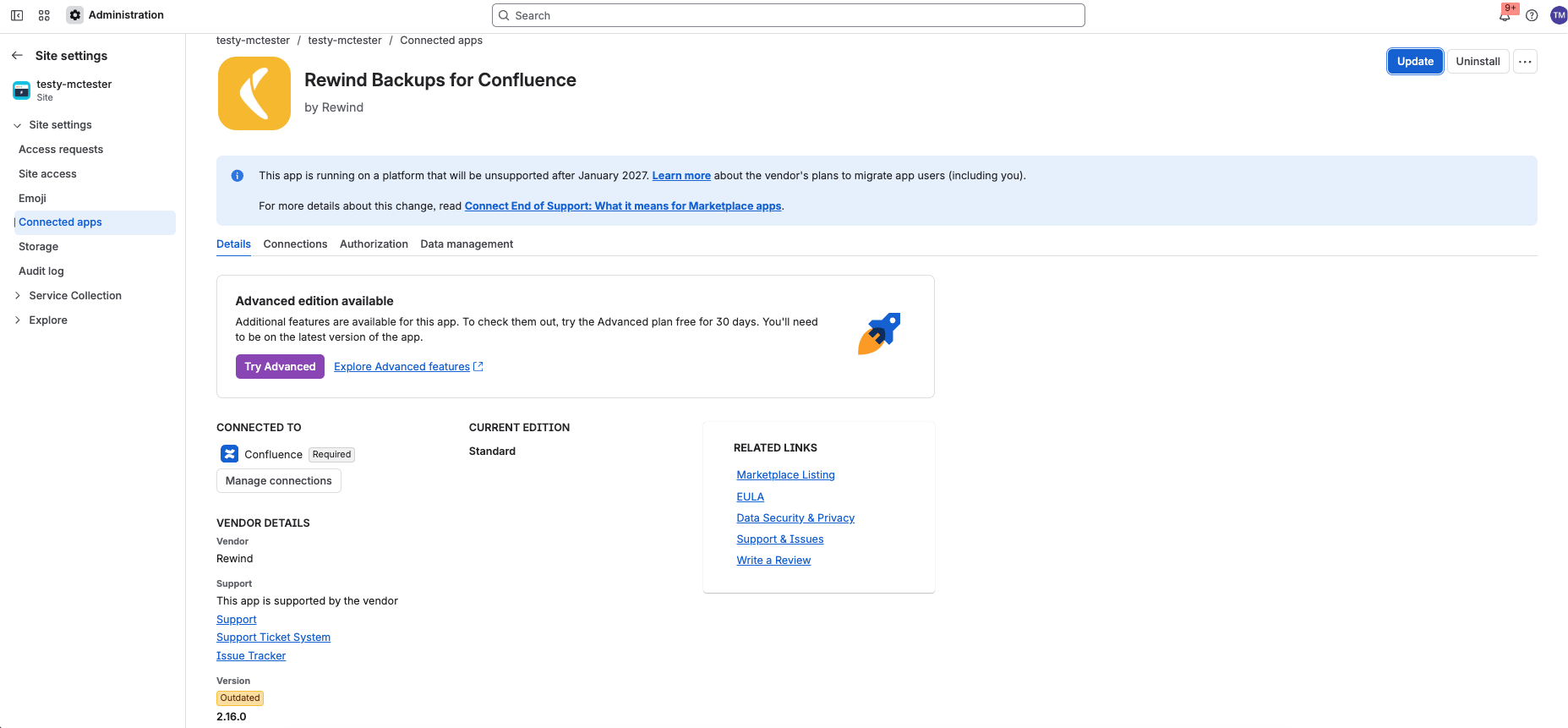 The Rewind Backups for Confluence app details page with the Update button in the top-right corner.