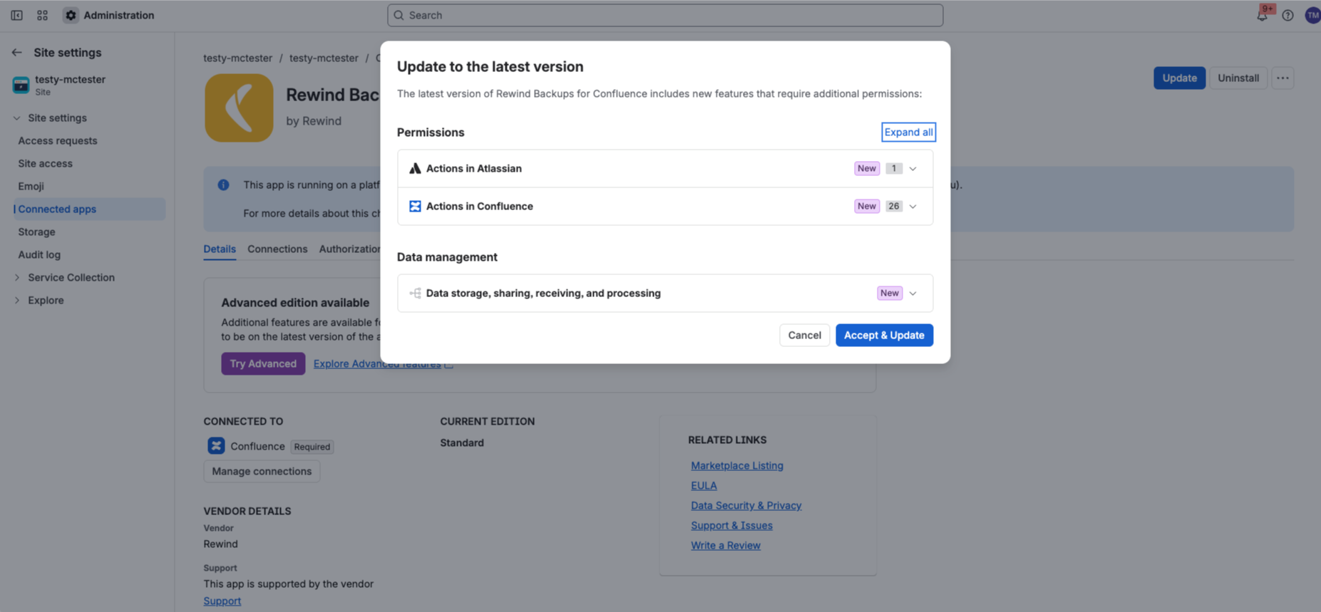 The Update to the latest version dialog for Rewind Backups for Confluence showing the Permissions and Data management sections and the Accept & Update button.