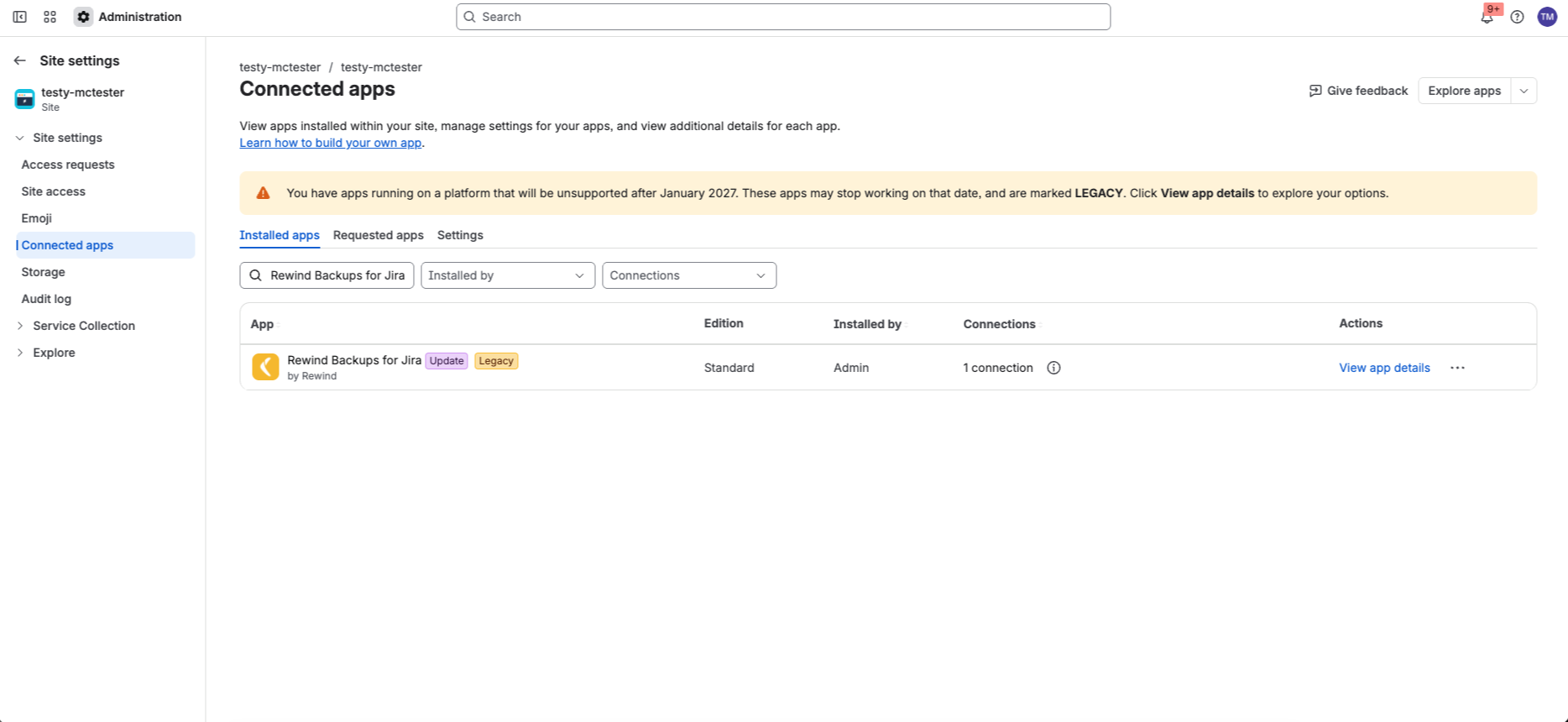 The Connected apps list in Atlassian Admin showing Rewind Backups for Jira labeled Legacy with an Update option.