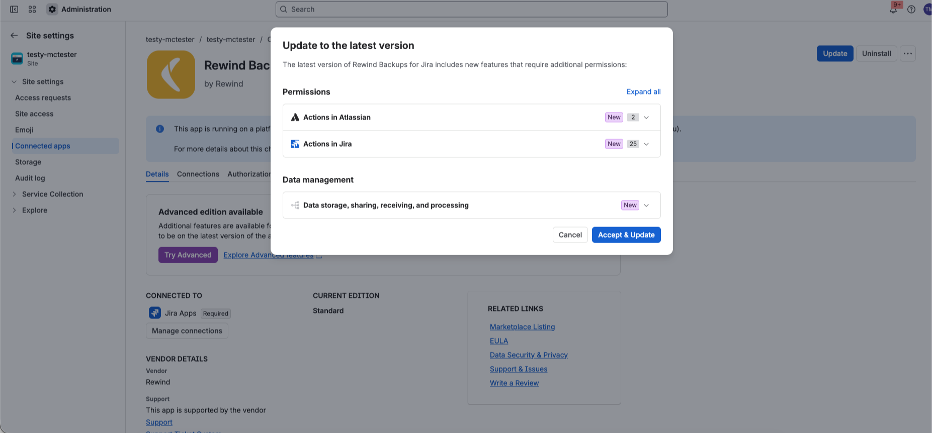 The Update to the latest version dialog for Rewind Backups for Jira showing the Permissions and Data management sections and the Accept & Update button.