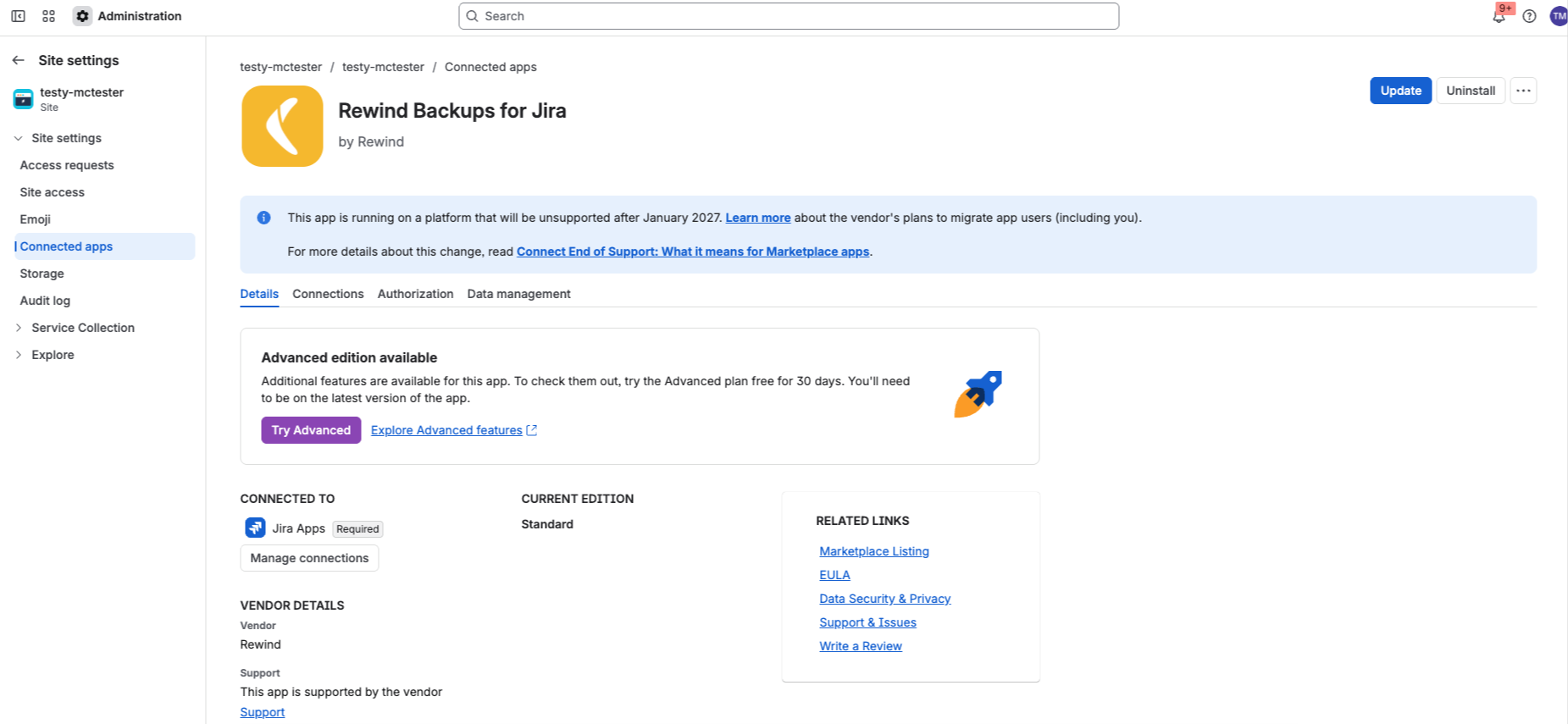 The Rewind Backups for Jira app details page with the Update button in the top-right corner.